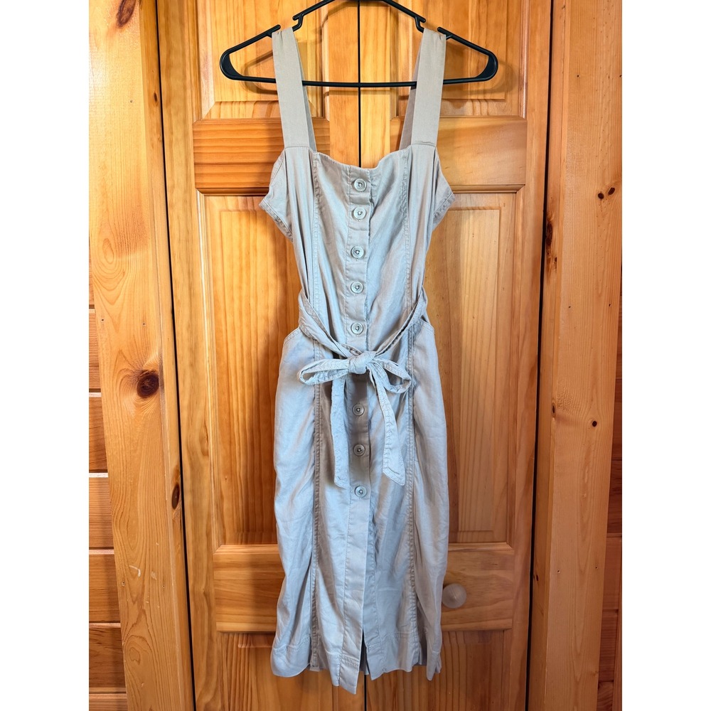 Babaton Aritzia Kofi Dress Size 4 Tan Linen Blend Button Front Midi Apron Belted
